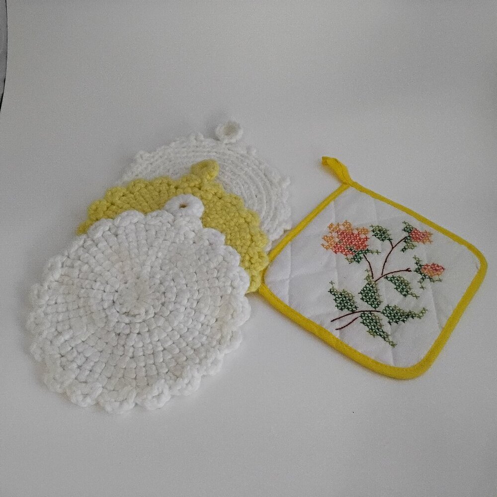3 Crocheted Pot Holders 1 Embroidered Pot Holder Yellow/White